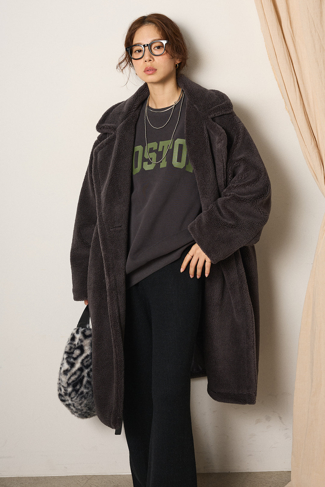 [SET]テディボアロングコート+ロゴデザインルーズスウェット+ワイドリブニットイージーパンツ(3set)