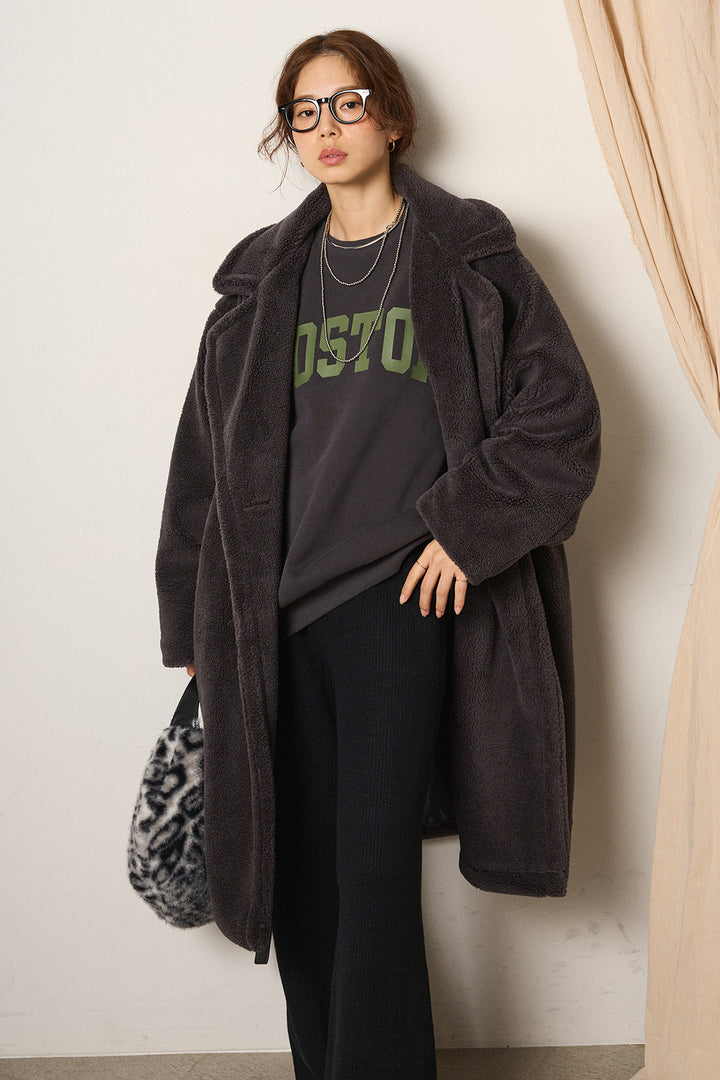 [SET]テディボアロングコート+ロゴデザインルーズスウェット+ワイドリブニットイージーパンツ(3set)