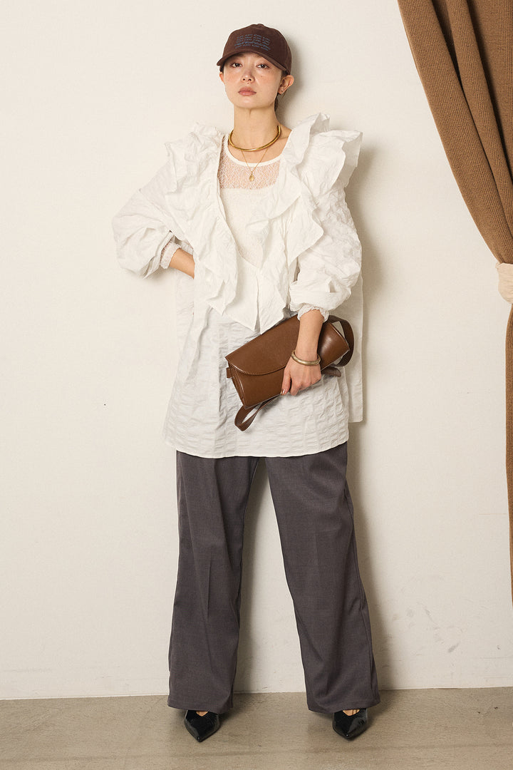 [SET]Vネックフリルカラーブラウス+ツイルスプリングカラータックパンツ+ストレッチレースクルーネックインナー(3set)