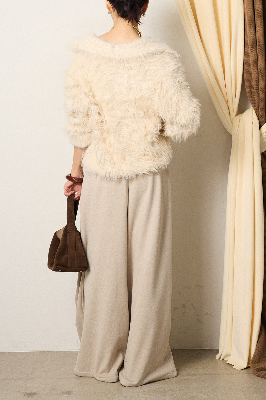 [SET]襟付きシャギーニットカーディガン+サイドベルトパンツ(2set)