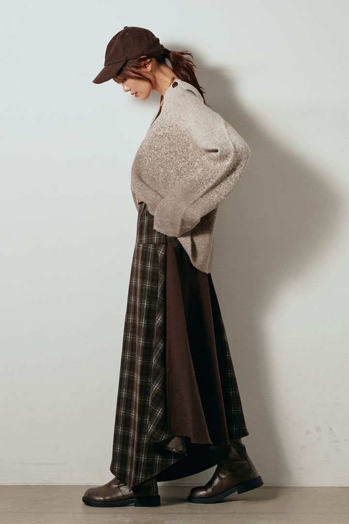 [SET]グラデーションラメニットキーネックプルオーバー+フェイクレザーベルト付き切り替えタータンチェックスカート(2set)