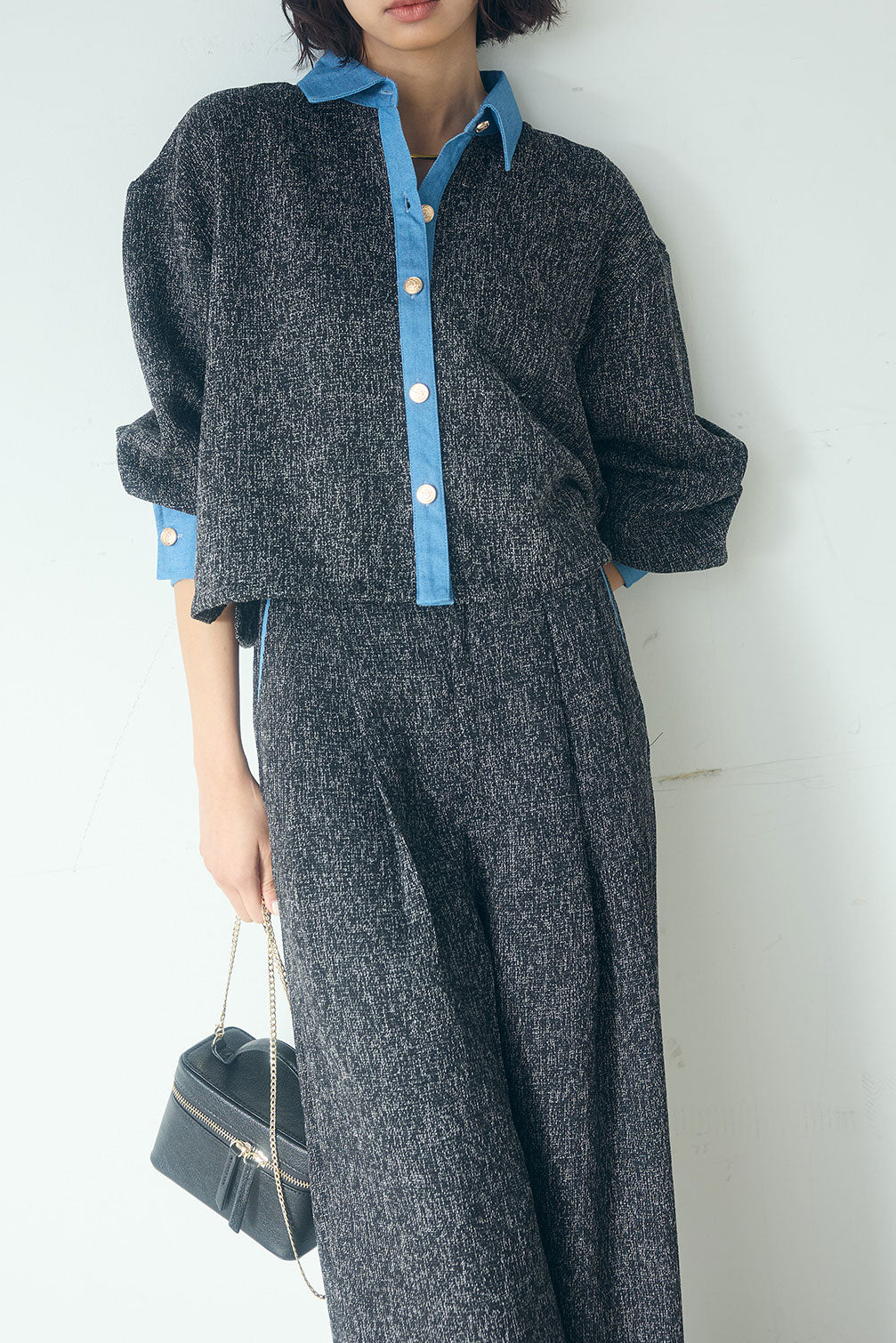 [SET]ツイード×デニムショート丈シャツ+ツイード×デニムハイウエストラインロングパンツ(2set)