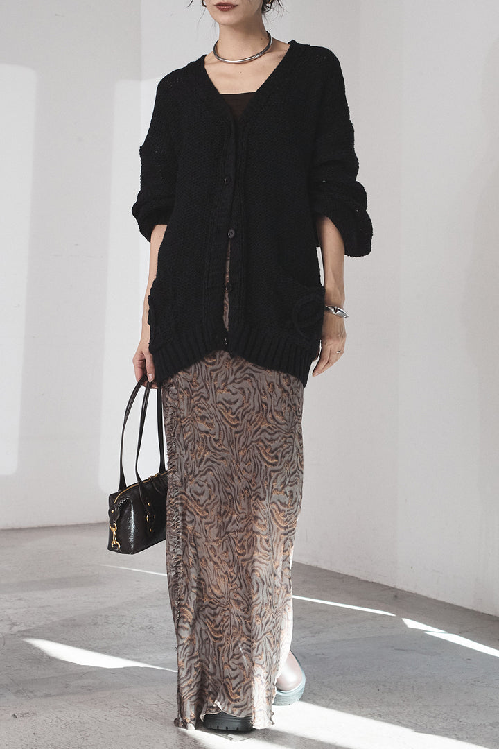 [SET]コード刺繍リラックスニットカーディガン+抽象柄ロングスカート(2set)