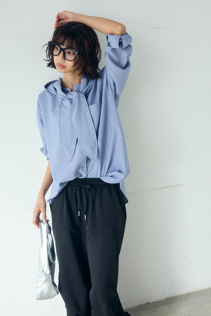[SET]無地タイ付フーディーBIGシャツ+ランダムタックデザインワイドパンツ(2set)