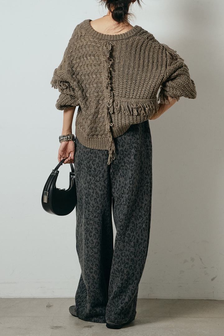 [SET]ランダムフリンジニットカーディガン+リラックスレオパード柄ワイドパンツ(2set)