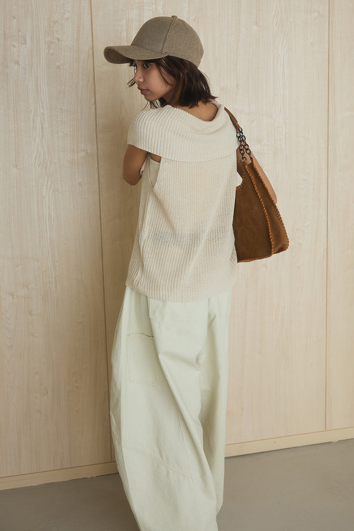 [SET]ビッグカラーボタンニットトップス+ベルト付きカラーデニムパンツ(2set)