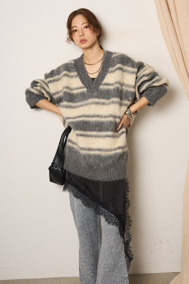 [SET]ルーズVネックボーダーニットトップス+杢ニットリブフレアパンツ(2set)