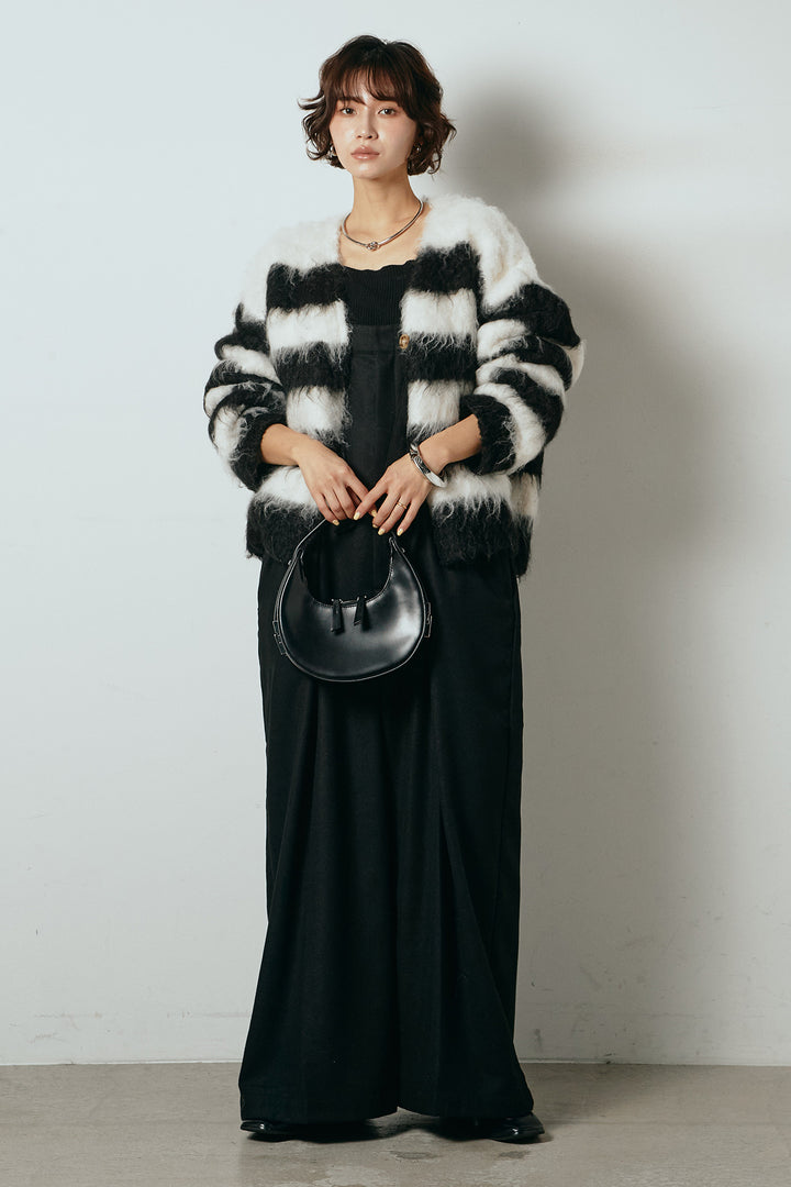 [SET]シャギーボーダー柄ニットカーディガン+ウール混フランネルワイドサロペット(2set)