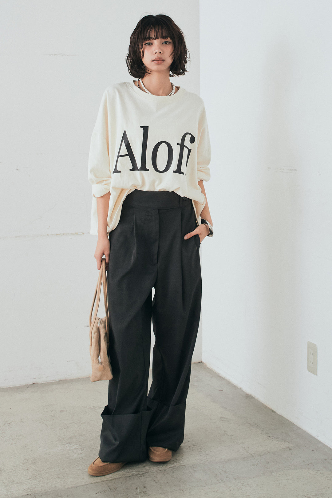 [SET]裾センタードロストロゴプリントワイドTシャツ+センタープレスセミワイドパンツ(2set)