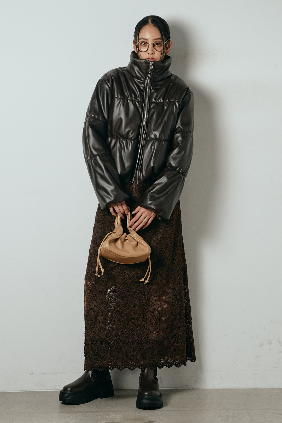 [SET]レザーライクWジップスタンドカラー中綿ブルゾン+総レース刺繍スカート(2set)
