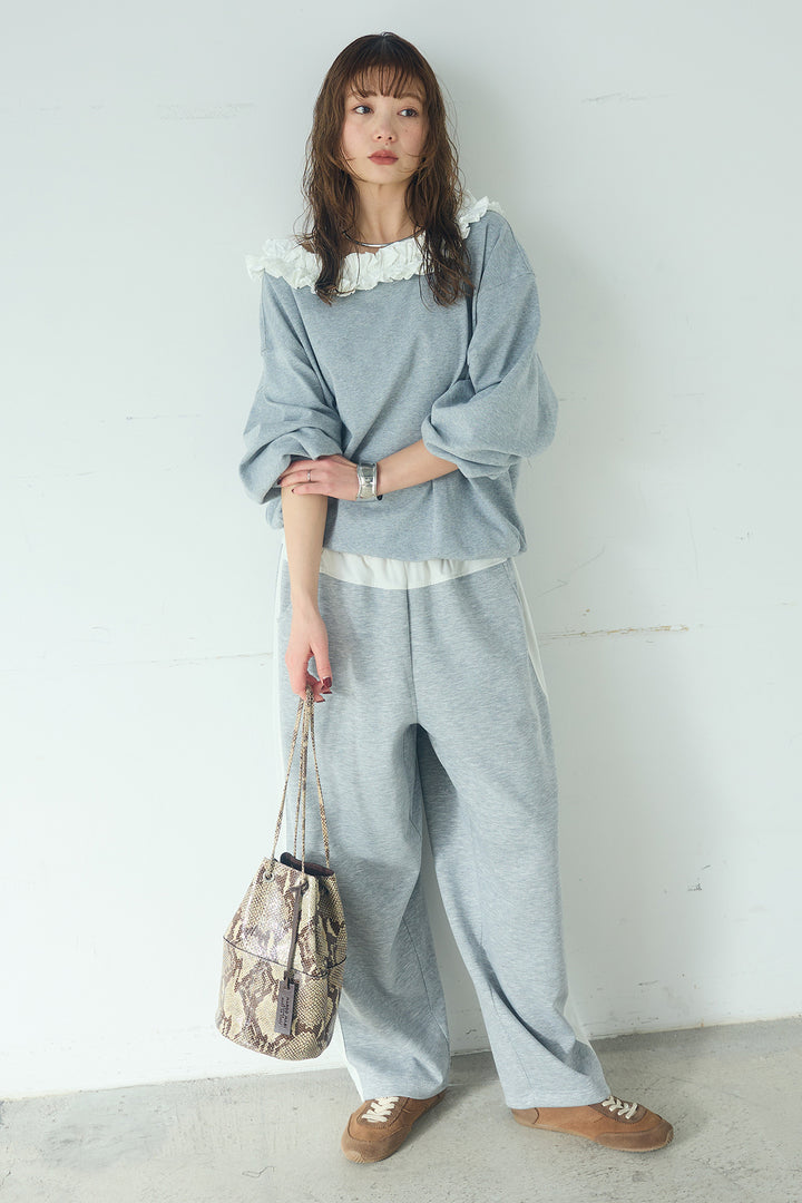 [SET]ネックギャザーフリルスウェット+異素材切り替えスウェットパンツ(2set)