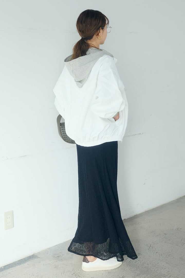 [SET]マルチ切り替えドルマンブルゾン+メッシュ刺繍ロングスカート+ボーダーフーディーロンT(3set)