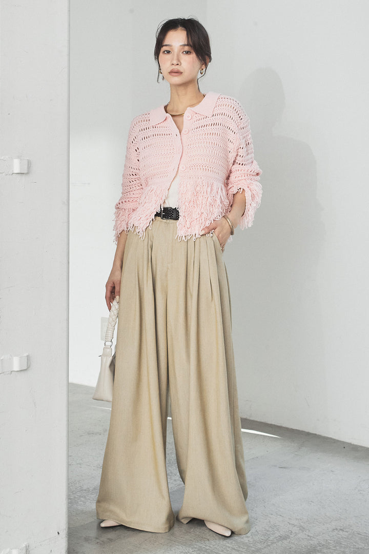 [SET]メッシュフリンジカーディガン+編みベルト付きウエストタックワイドパンツ(2set)