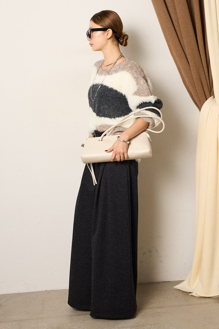 [SET]シャギーウェーブ柄クルーネックニットトップス+細ベルト付き起毛タックワイドパンツ(2set)