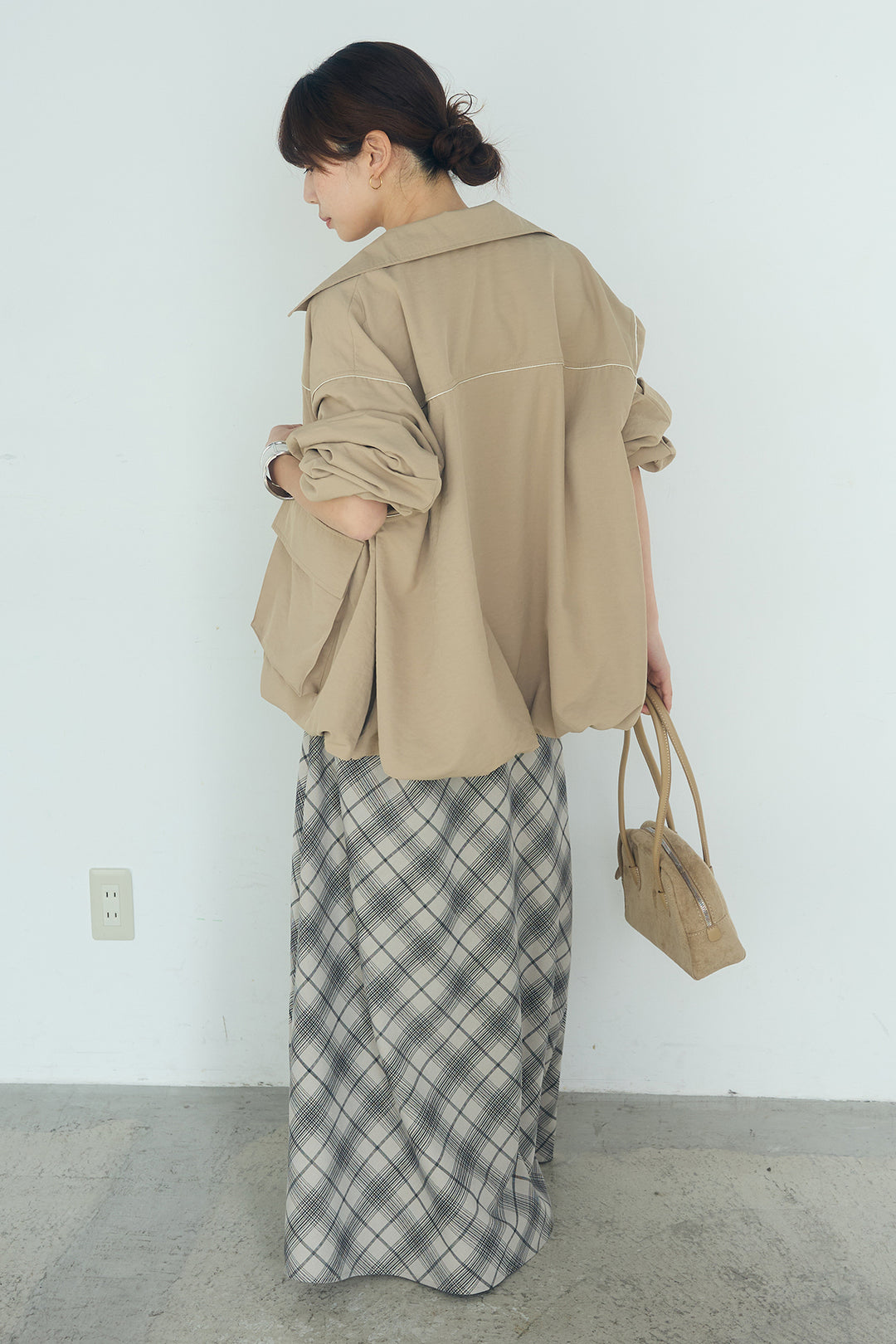 [SET]合繊ツイルバルーンジャケット+タータンチェック柄フロントデザインスカート(2set)