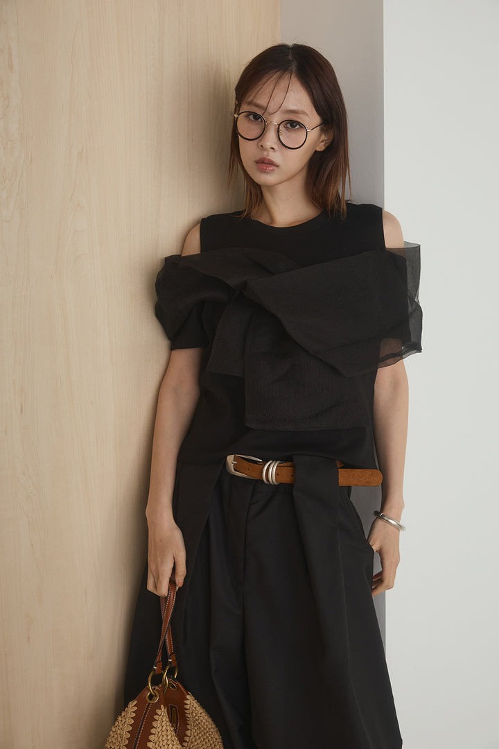 [SET]シアーレイヤーデザインカットソー+ベルトループワイドパンツ(2set)