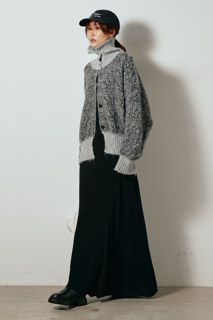 [SET]ハイネックミックスニットトップス+サイド切り替えリブニットロングスカート(2set)