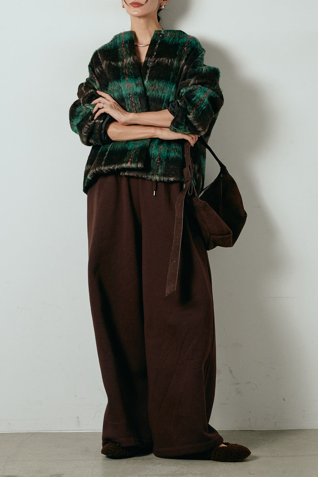 [SET]ノーカラーシャギーチェックアウター+裏起毛スウェットワイドパンツ(2set)