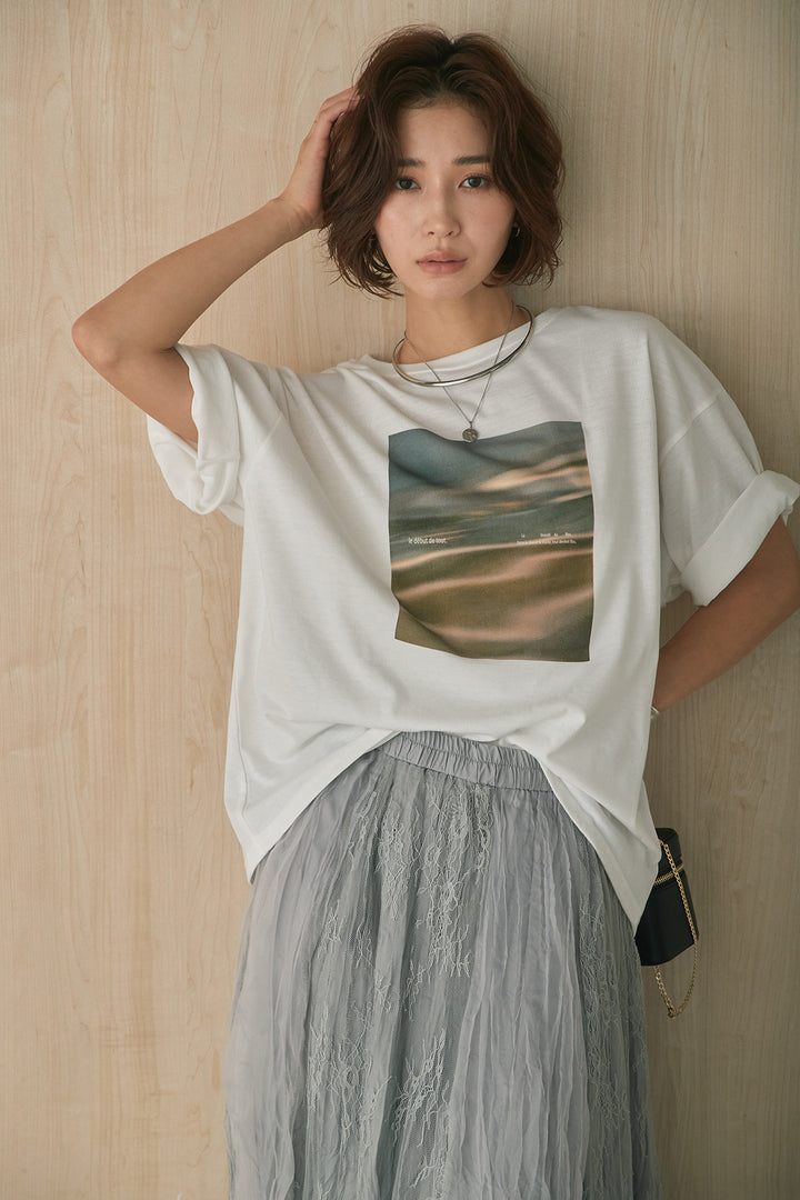 [SET]MarbleプリントTシャツ+レースコンビワッシャーギャザースカート(2set)