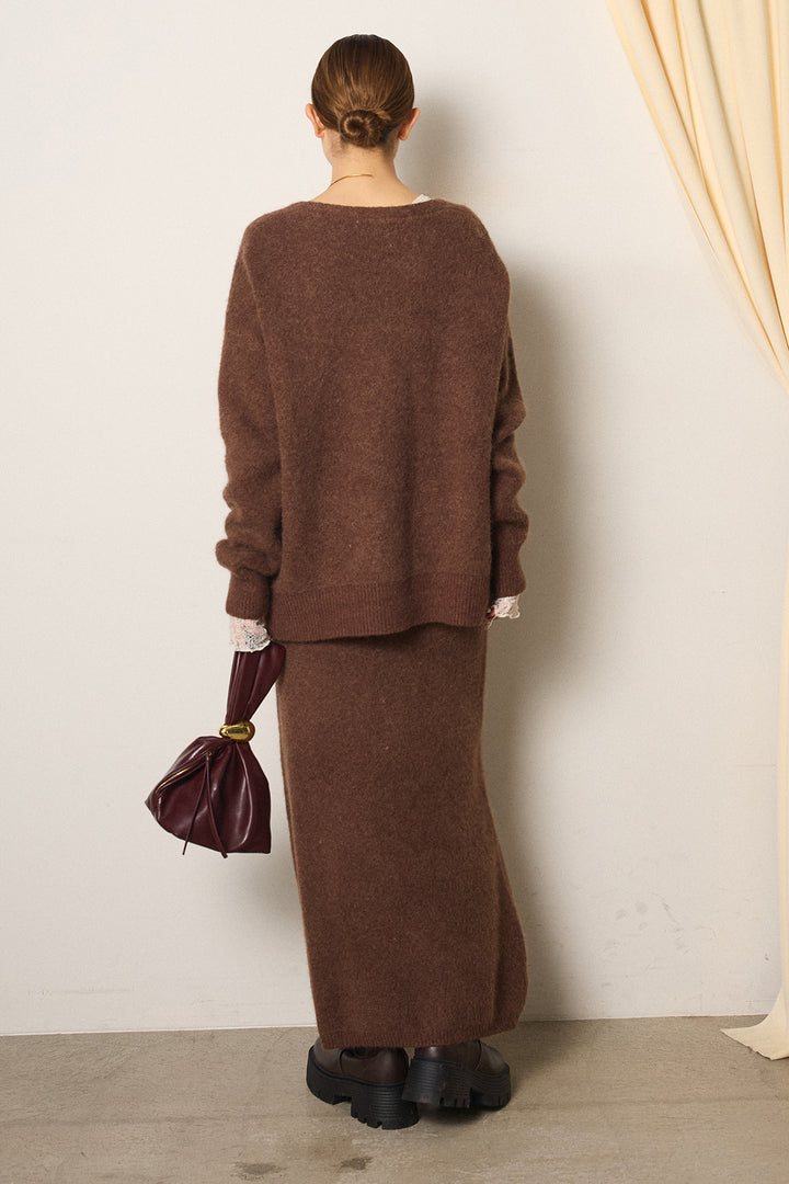 [SET]丸ボタン起毛ニットカーディガン+起毛ニットロングスカート(2set)