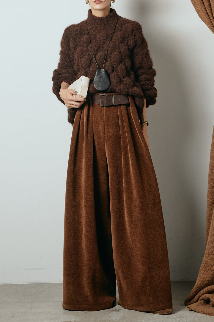 [SET]ボリュームポップコーンニットトップス+ベルトループコーデュロイワイドパンツ(2set)