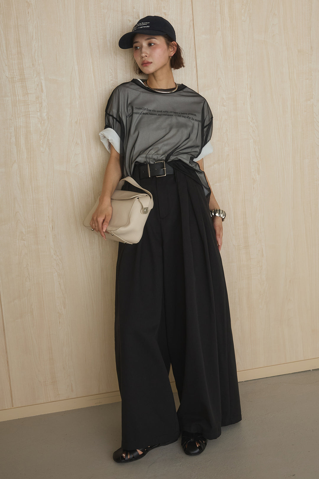 [SET]綿天竺Tシャツ×チュールトップス+ベルト付きビックループワイドパンツ(2set)