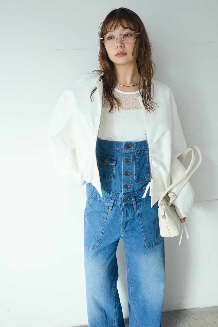 [SET]ノーカラーフロントギャザージップアウター+デニムサロペットワイドパンツ(2set)