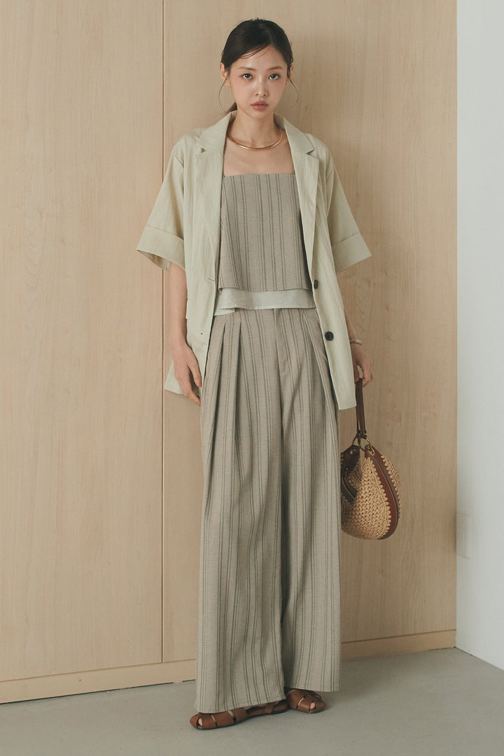 [SET]リネンストライプレイヤードキャミ+リネンストライプタックワイドパンツ(2set)