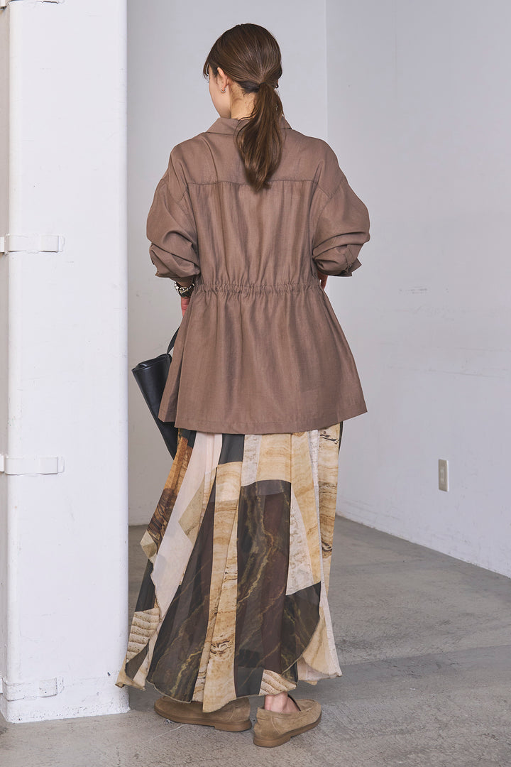 [SET]リネンブレンドシアーサファリシャツ+アートペイント柄スカート(2set)