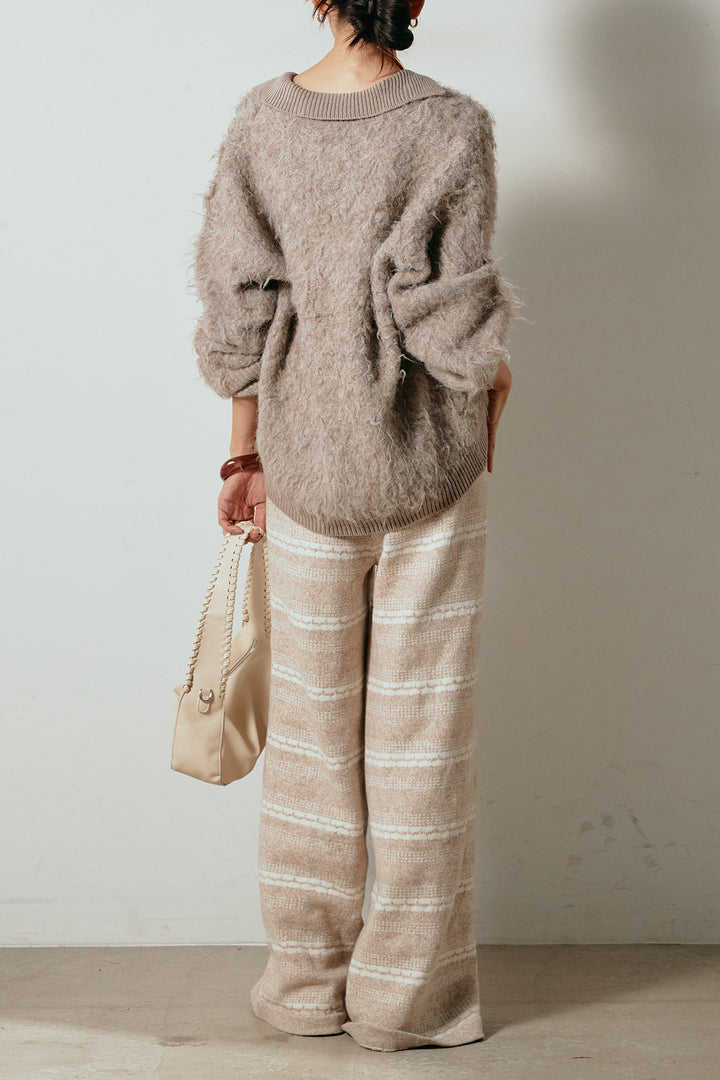 [SET]襟付きシャギーニットポロトップス+マルチライン柄リラックスニットパンツ(2set)