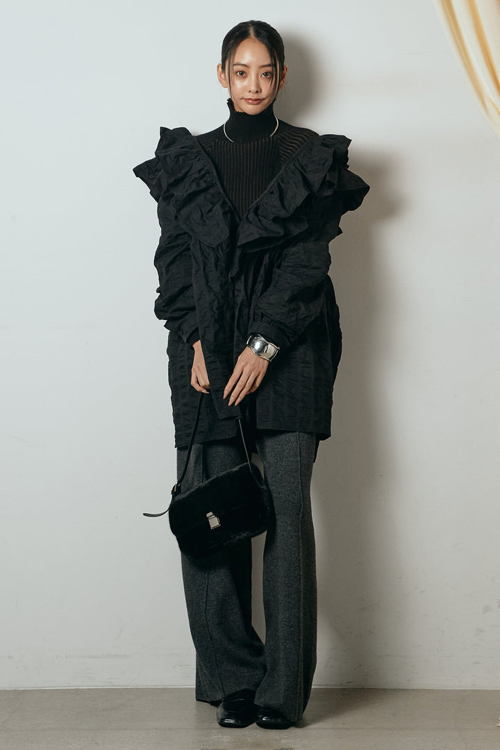 [SET]Vネックフリルカラーブラウス+センターラインニットパンツ(2set)