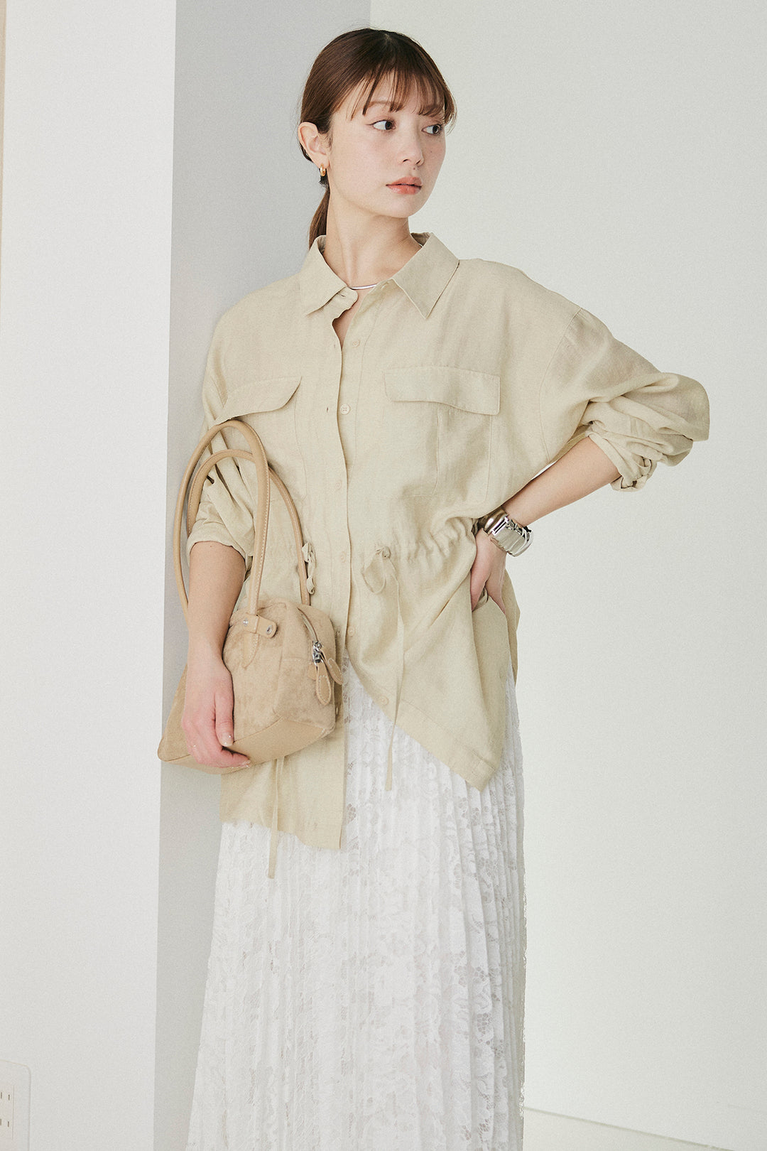 [SET]リネンブレンドシアーサファリシャツ+リラックスプリーツスカート(2set)