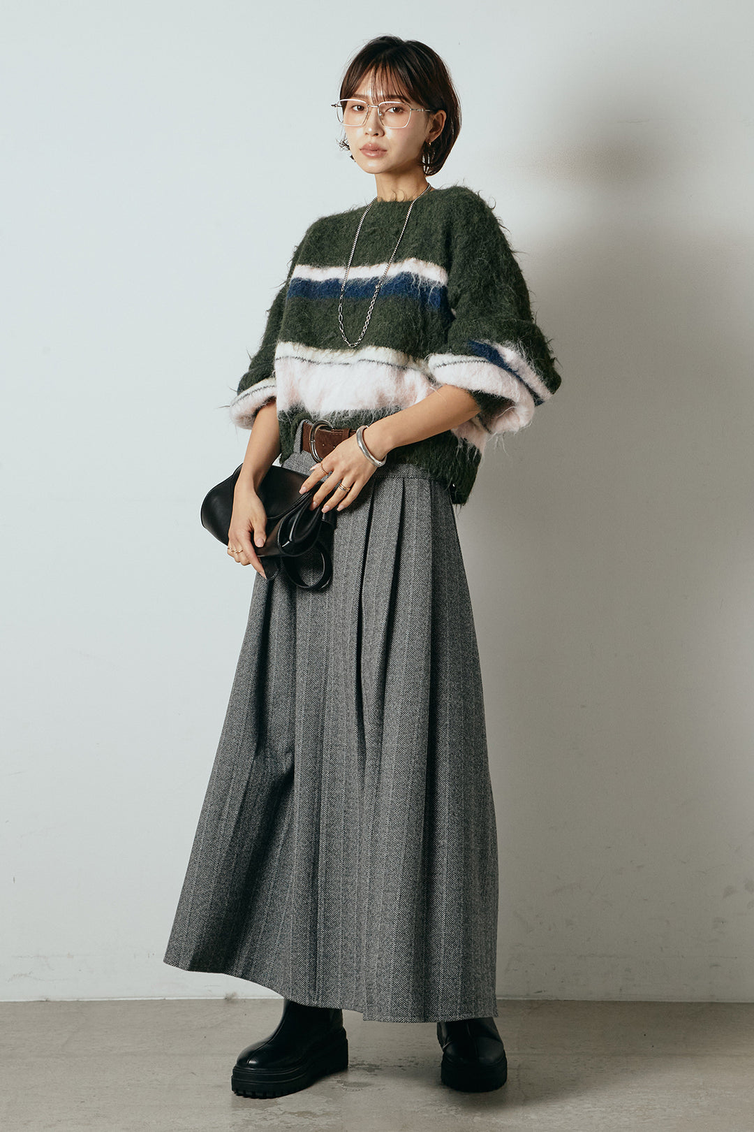 [SET]起毛配色マルチボーダーニットトップス+太ベルト付きヘリンボーンプリーツスカート(2set)