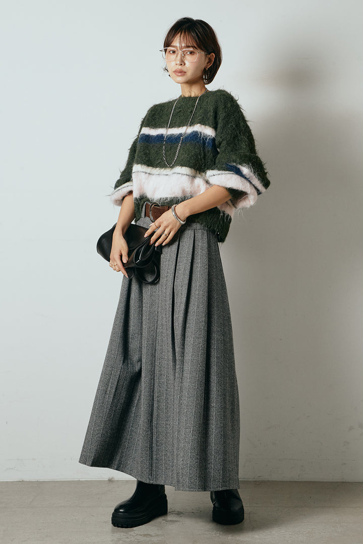 [SET]起毛配色マルチボーダーニットトップス+太ベルト付きヘリンボーンプリーツスカート(2set)