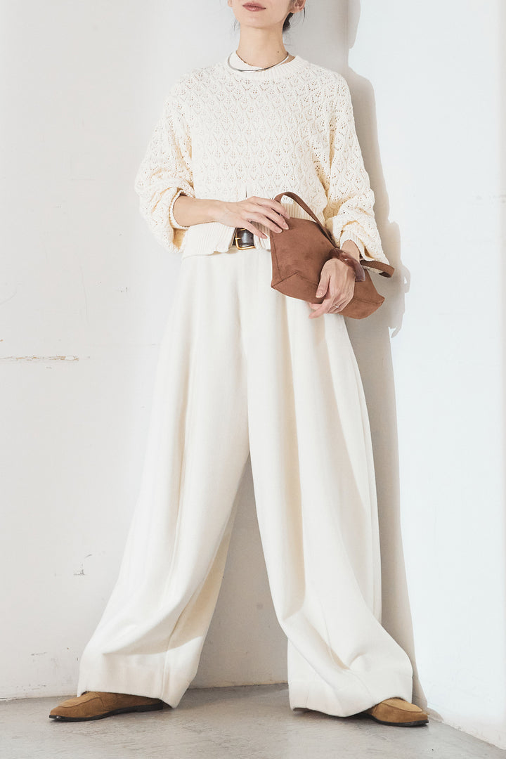 [SET]透かし編みニットジップスリットプルオーバー+ウールタッチカーブワイドパンツ(2set)