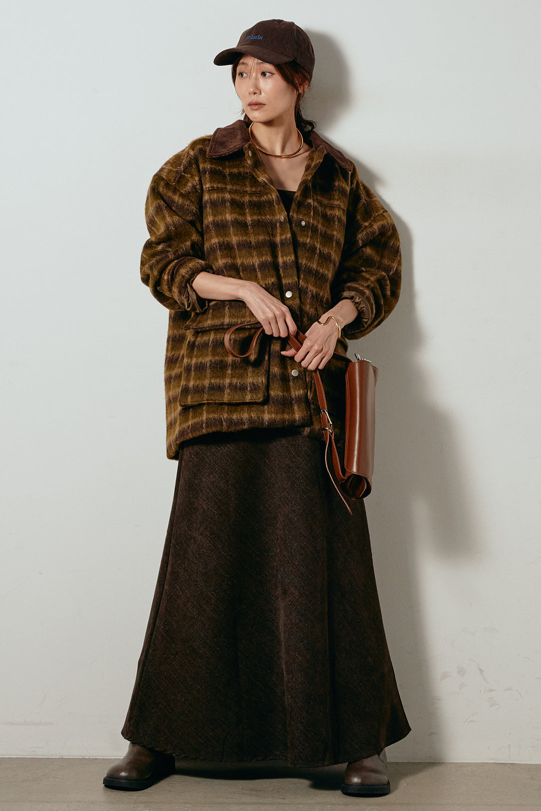 [SET]チェックシャギーミドルカバーオール+スウェードライクロングスカート(2set)