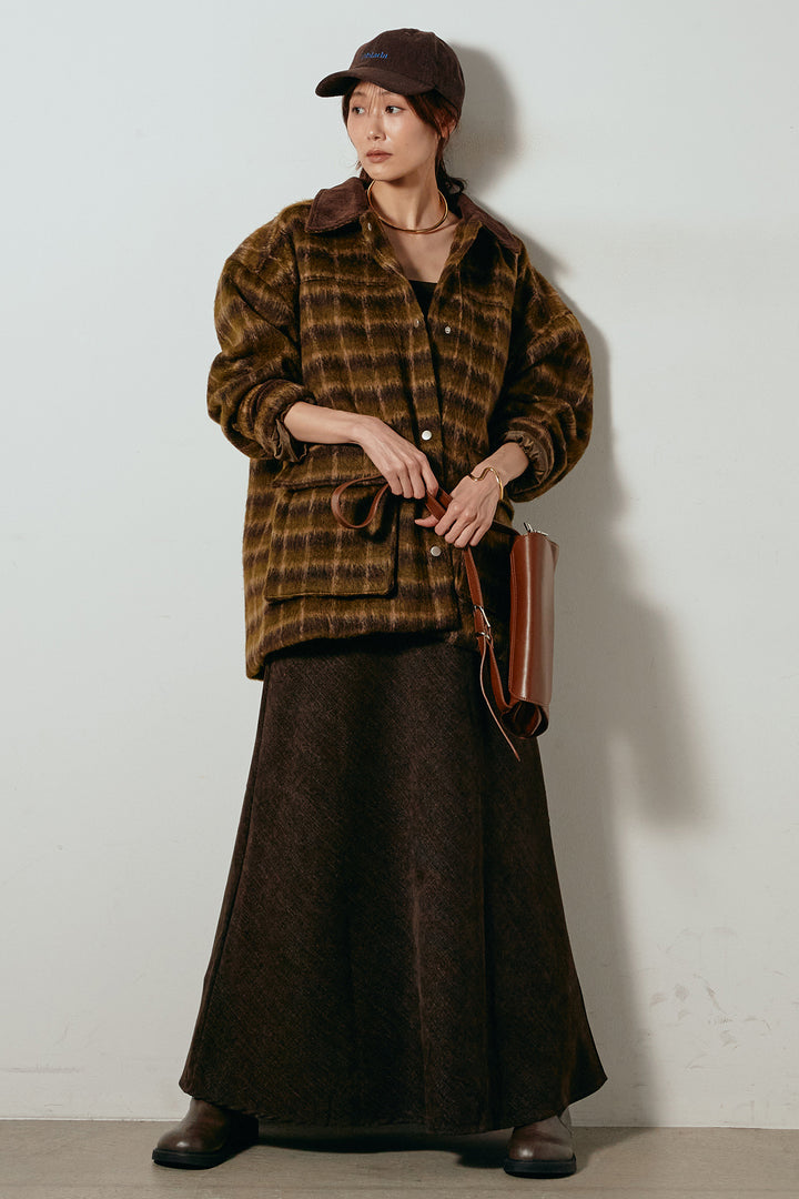 [SET]チェックシャギーミドルカバーオール+スウェードライクロングスカート(2set)