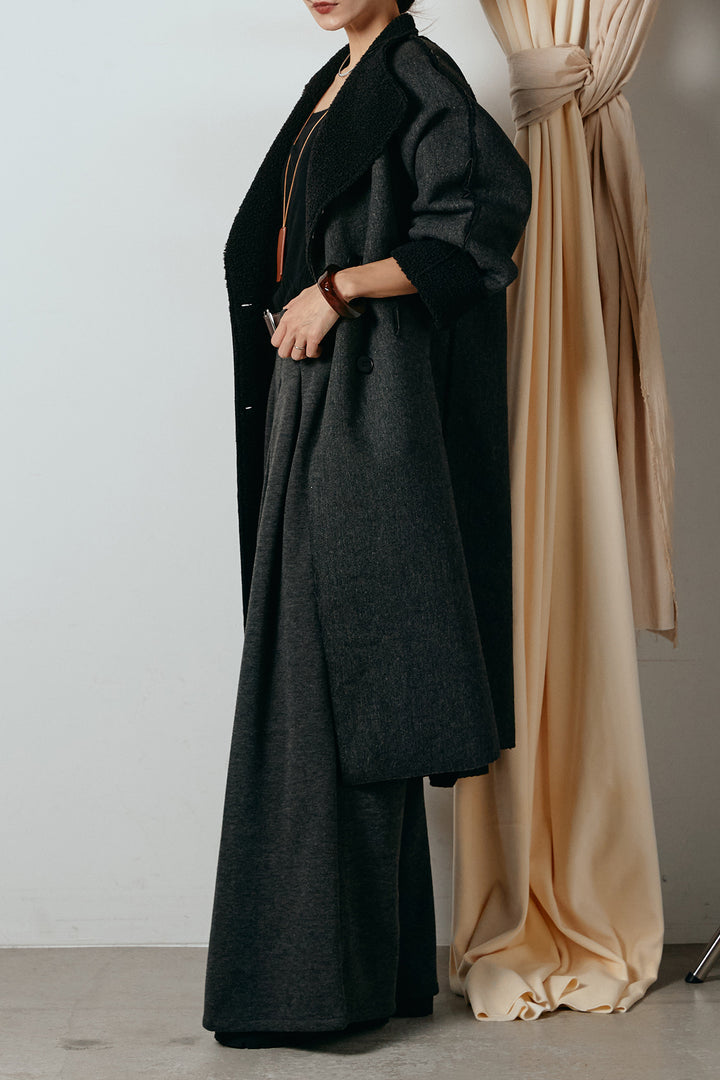 [SET]裏地ボアハイネックロングアウター+フェイクレザー太ベルト付きタックワイドパンツ(2set)