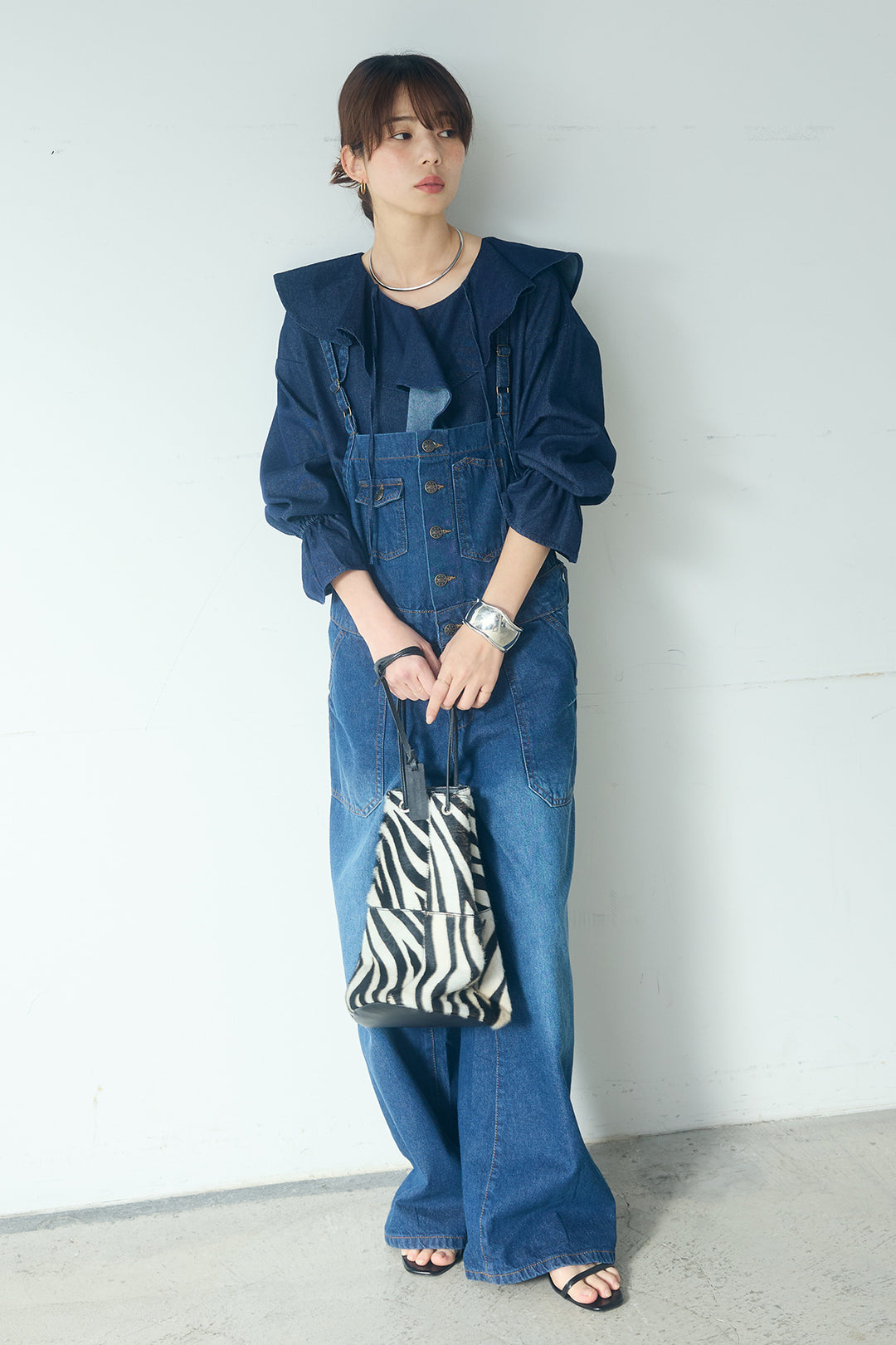 [SET]デニムフリルブラウス+デニムサロペットワイドパンツ(2set)