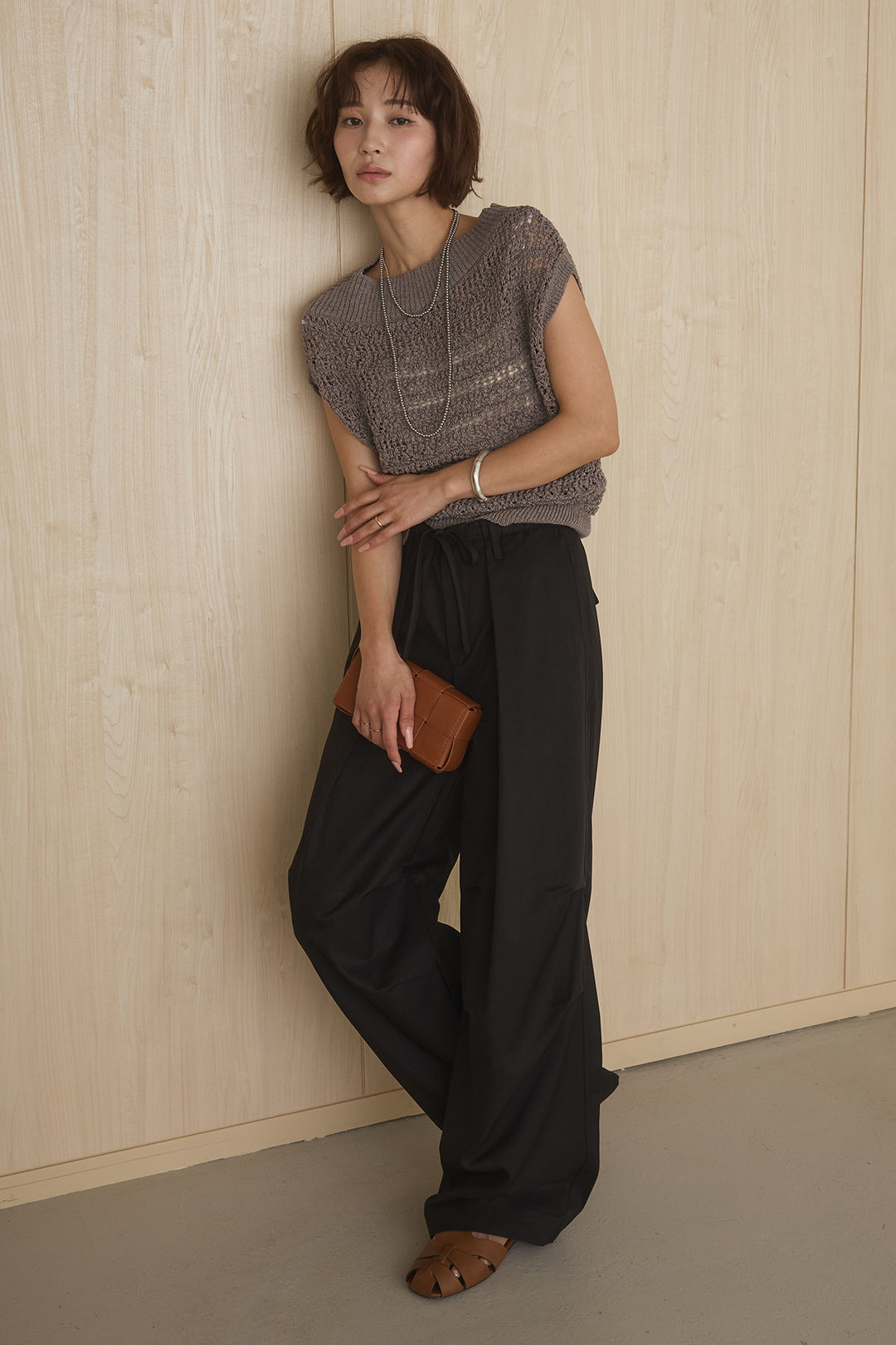 [SET]透かしレース編みフレンチニット+ニーサイドタックウエストドロストパンツ(2set)