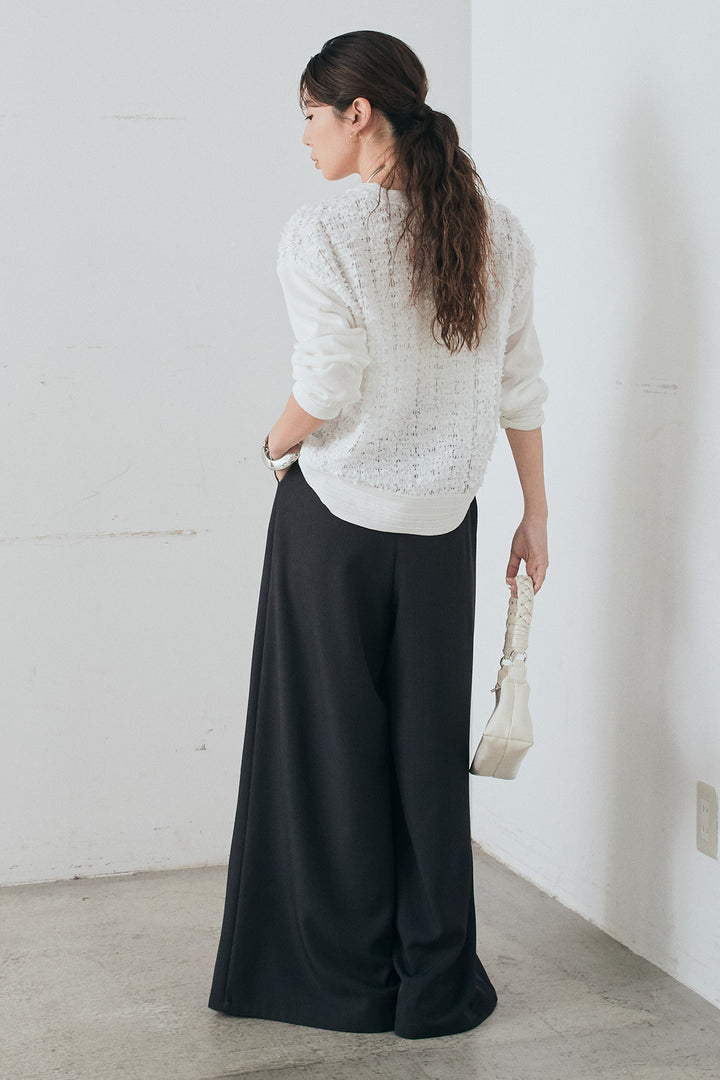 [SET]モコレースVネックカーディガン+太ベルト付きフロントタックパンツ(2set)