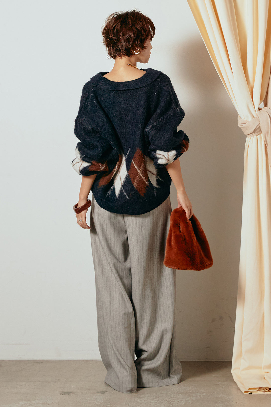 [SET]アーガイル柄ポロニットトップス+ストライプヘリンボーンパンツ(2set)