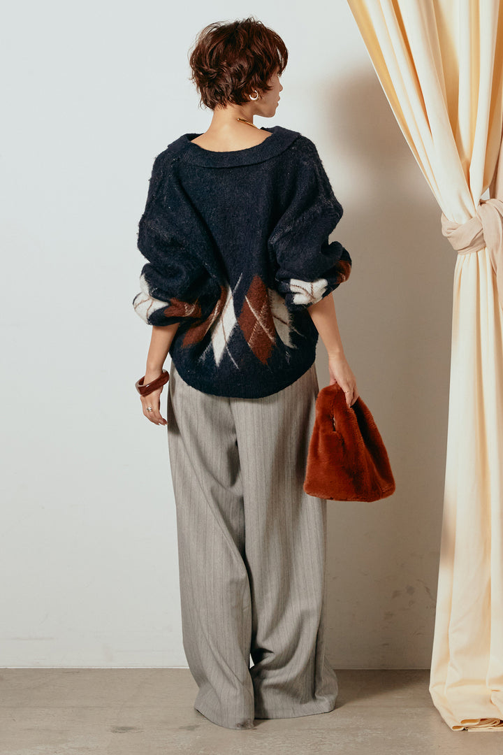 [SET]アーガイル柄ポロニットトップス+ストライプヘリンボーンパンツ(2set)