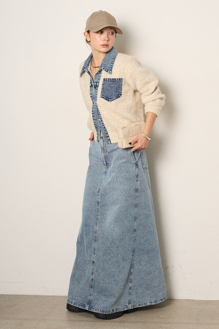 [SET]襟付きデニム切替ニットカーディガン+デニムロングフレアスカート(2set)