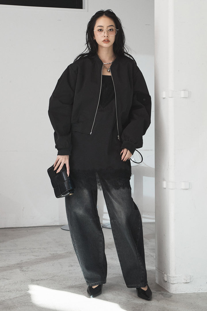 [SET]袖ギャザーデザインブルゾン+レース切り替えキャミソール+デニムアシメカーブパンツ(3set)