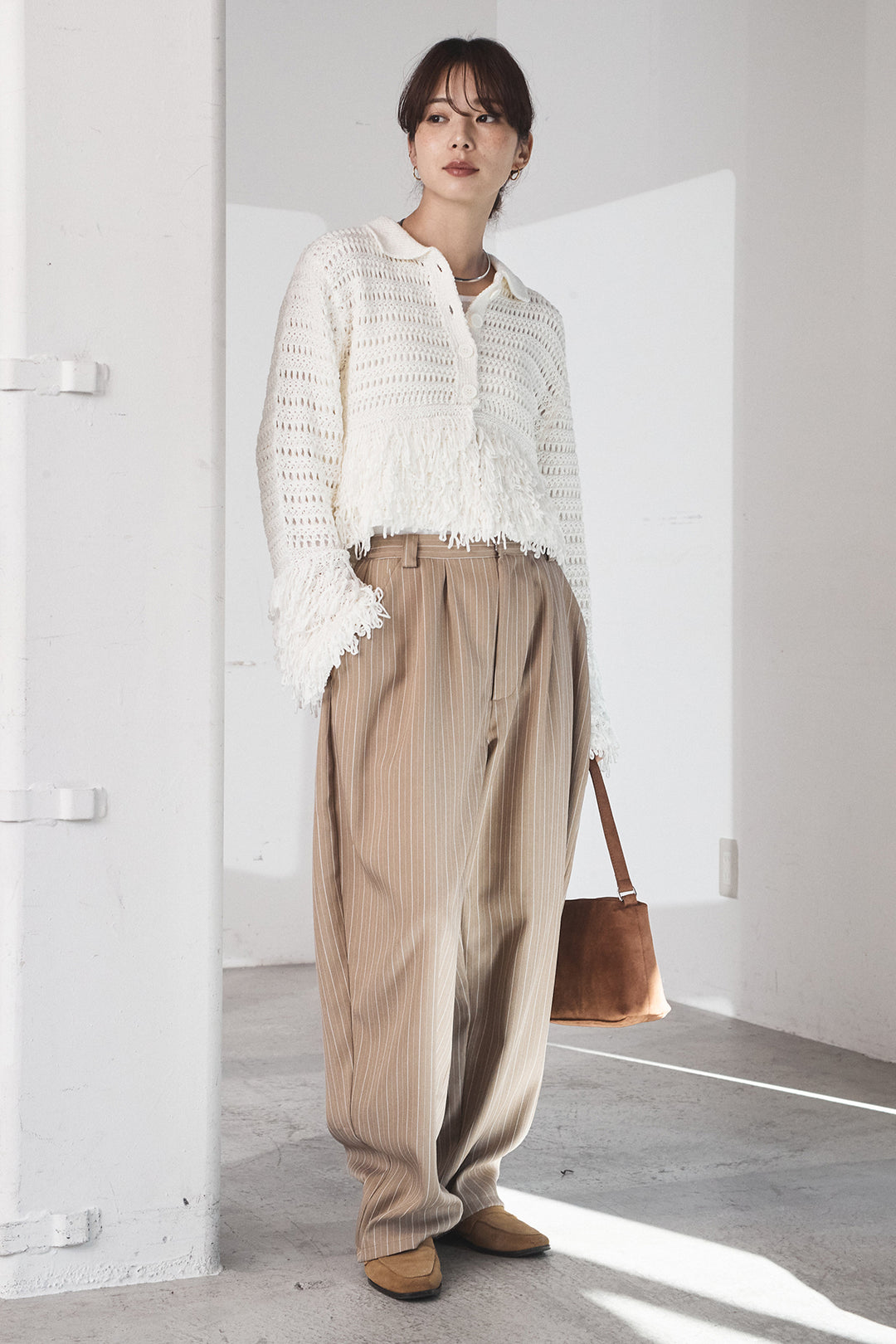 [SET]メッシュフリンジカーディガン+ヘリンボーンストライプツータックパンツ(2set)