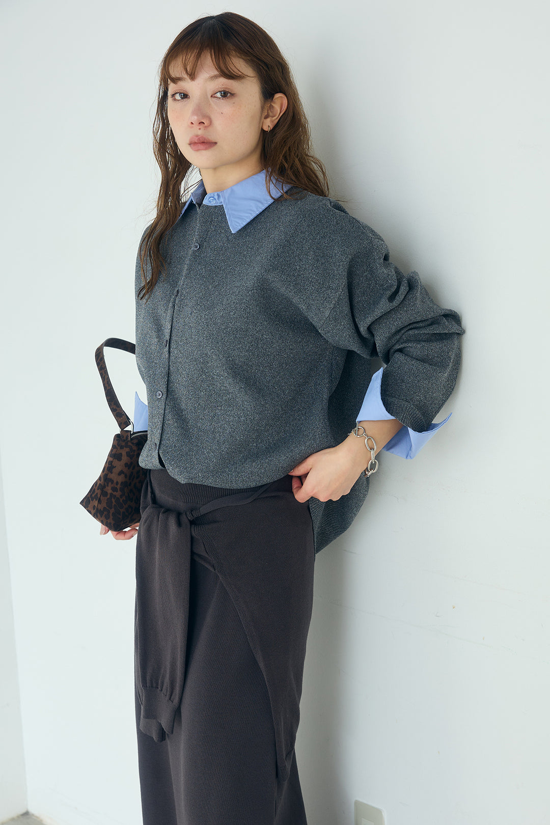 [SET]シャツレイヤード風カーディガン+レイヤードニット巻きスカート(2set)