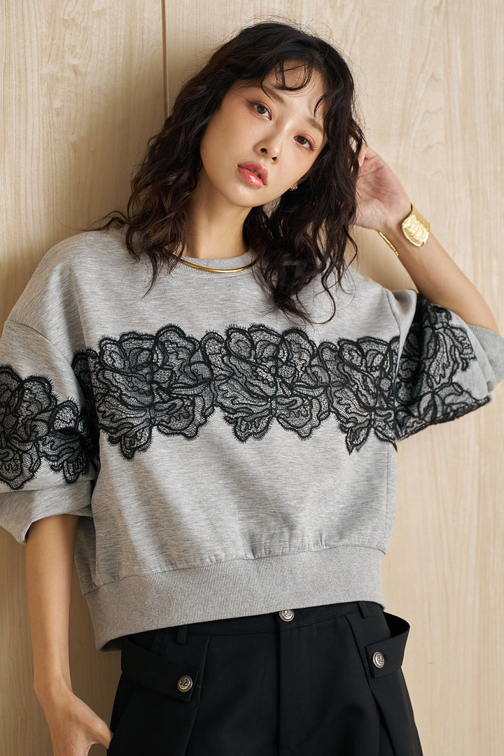 [SET]レースドッキングショート丈スウェット+サイドボタンタックバレルカーブパンツ(2set)