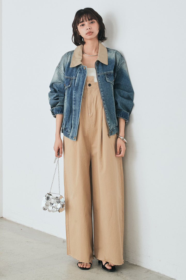 [SET]襟切り替えジップデニムジャケット+綿ツイルアシメサロペット(2set)