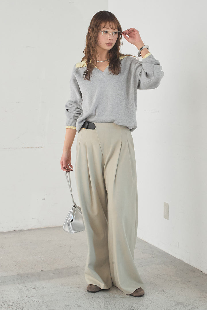 [SET]バイカラーニットレイヤード風プルオーバー+サイドベルトタック入りスラックス(2set)